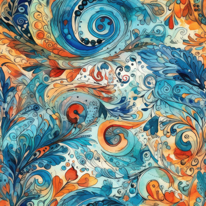 turquoise, orange, cream, navy blue, swirling patterns, spiral motifs, flowing design, abstract art, liquid movement, ornamental swirls, decorative flourishes, ocean waves, water elements, artistic whirls, contemporary style, quilting cotton, fabric panel, seamless pattern, fluid motion, bohemian aesthetic