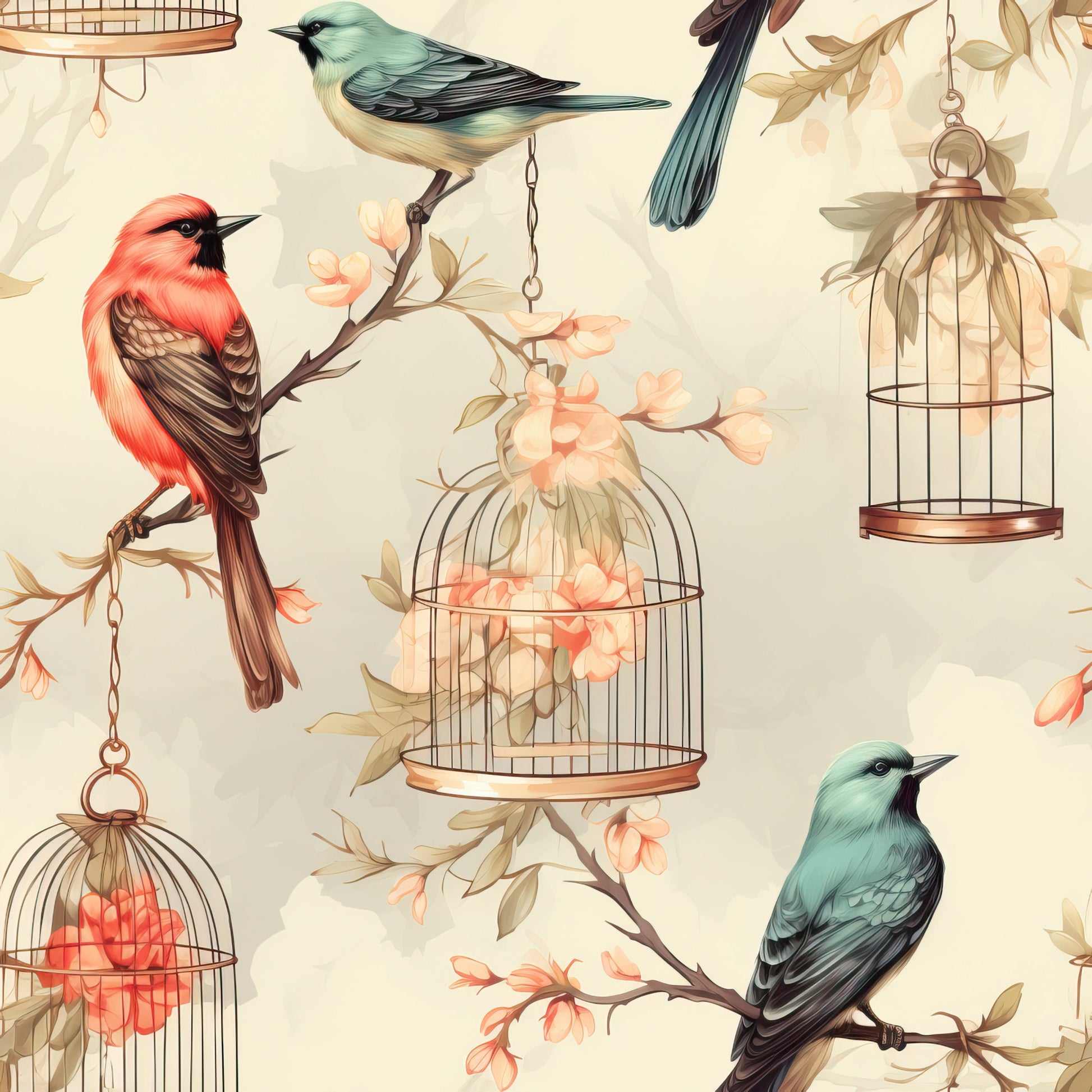 vintage birdcages, coral birds, teal birds, peach flowers, cream background, botanical branches, decorative cages, songbirds, floral motifs, quilting cotton, fabric panel, nature pattern, soft pastels, whimsical design, garden theme, bird illustration, delicate artwork, romantic style, cotton fabric, repeating pattern