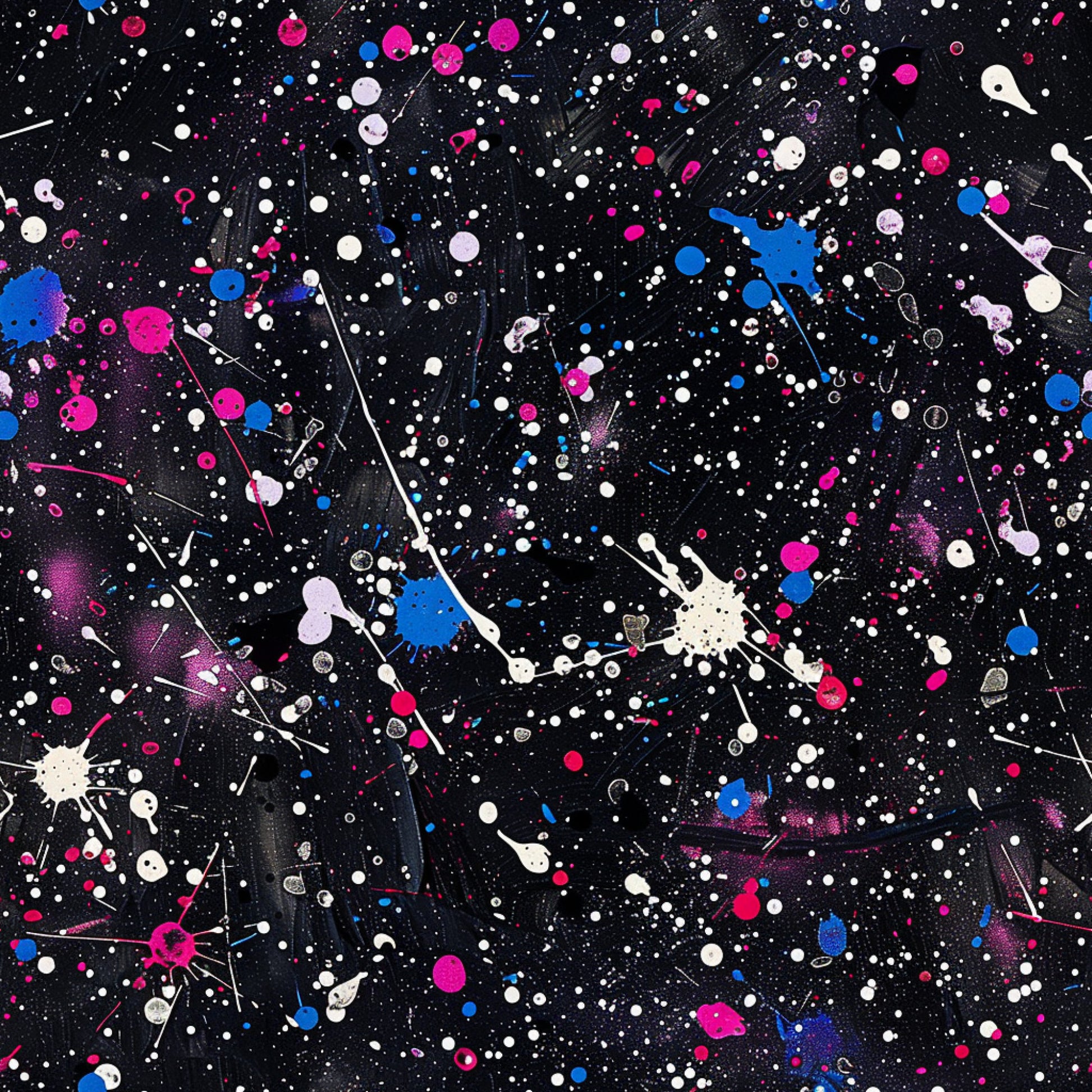 black background, paint splatter, glitter effect, hot pink, electric blue, white dots, purple accents, abstract pattern, cosmic design, space theme, splashes, drips, scattered dots, quilting cotton, fabric panel, modern art style, energetic, vibrant colors, contemporary pattern, artistic splatters