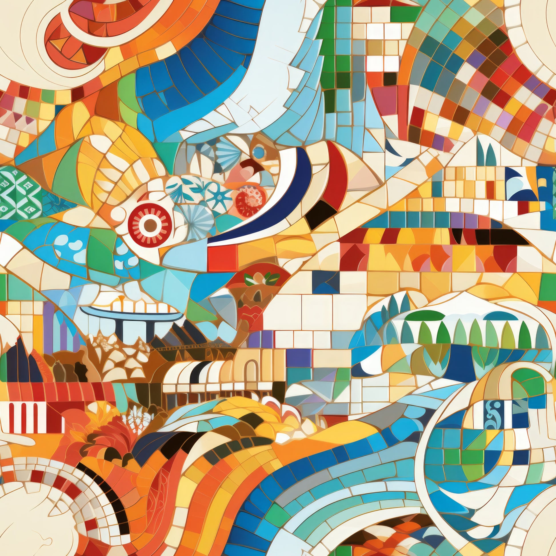 orange, blue, green, red, yellow, turquoise, mosaic tiles, geometric patterns, abstract swirls, curved lines, checkered squares, pixelated blocks, contemporary art, modern design, vibrant colors, flowing ribbons, digital art style, quilting cotton, fabric panel, colorful patchwork