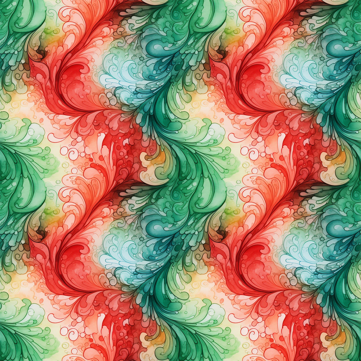watercolor, christmas swirls, red, green, teal, coral, flowing patterns, decorative scrolls, ornamental flourishes, quilting cotton, fabric panel, holiday themed, festive colors, artistic swirls, botanical motifs, seamless pattern, crafting fabric, seasonal design, vintage style, elegant curves