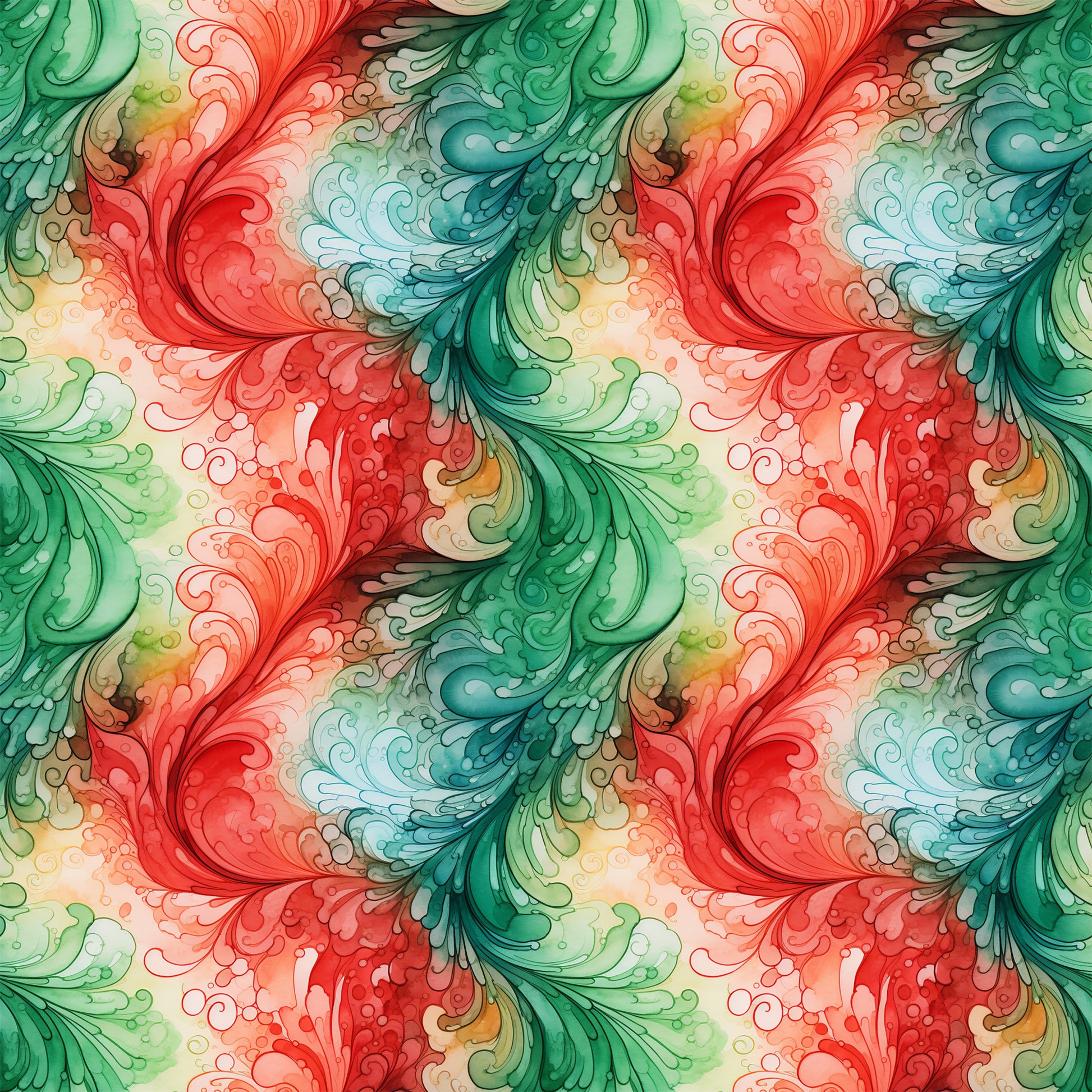 watercolor, christmas swirls, red, green, teal, coral, flowing patterns, decorative scrolls, ornamental flourishes, quilting cotton, fabric panel, holiday themed, festive colors, artistic swirls, botanical motifs, seamless pattern, crafting fabric, seasonal design, vintage style, elegant curves