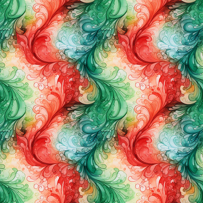 watercolor, christmas swirls, red, green, teal, coral, flowing patterns, decorative scrolls, ornamental flourishes, quilting cotton, fabric panel, holiday themed, festive colors, artistic swirls, botanical motifs, seamless pattern, crafting fabric, seasonal design, vintage style, elegant curves