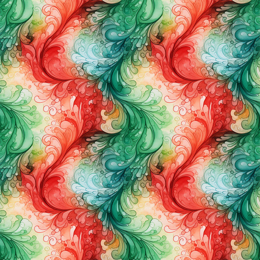 watercolor, christmas swirls, red, green, teal, coral, flowing patterns, decorative scrolls, ornamental flourishes, quilting cotton, fabric panel, holiday themed, festive colors, artistic swirls, botanical motifs, seamless pattern, crafting fabric, seasonal design, vintage style, elegant curves