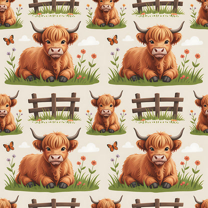 Cartoon Highland Cows Pattern 22 Quilting Cotton Fabric