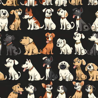 cartoon dogs, mixed dog breeds, quilting cotton, fabric panel, black background, white dogs, brown dogs, tan dogs, gray dogs, orange dogs, spotted dogs, sitting dogs, dog collars, pet pattern, animal illustration, playful design, cute characters, cotton fabric, craft material, sewing fabric