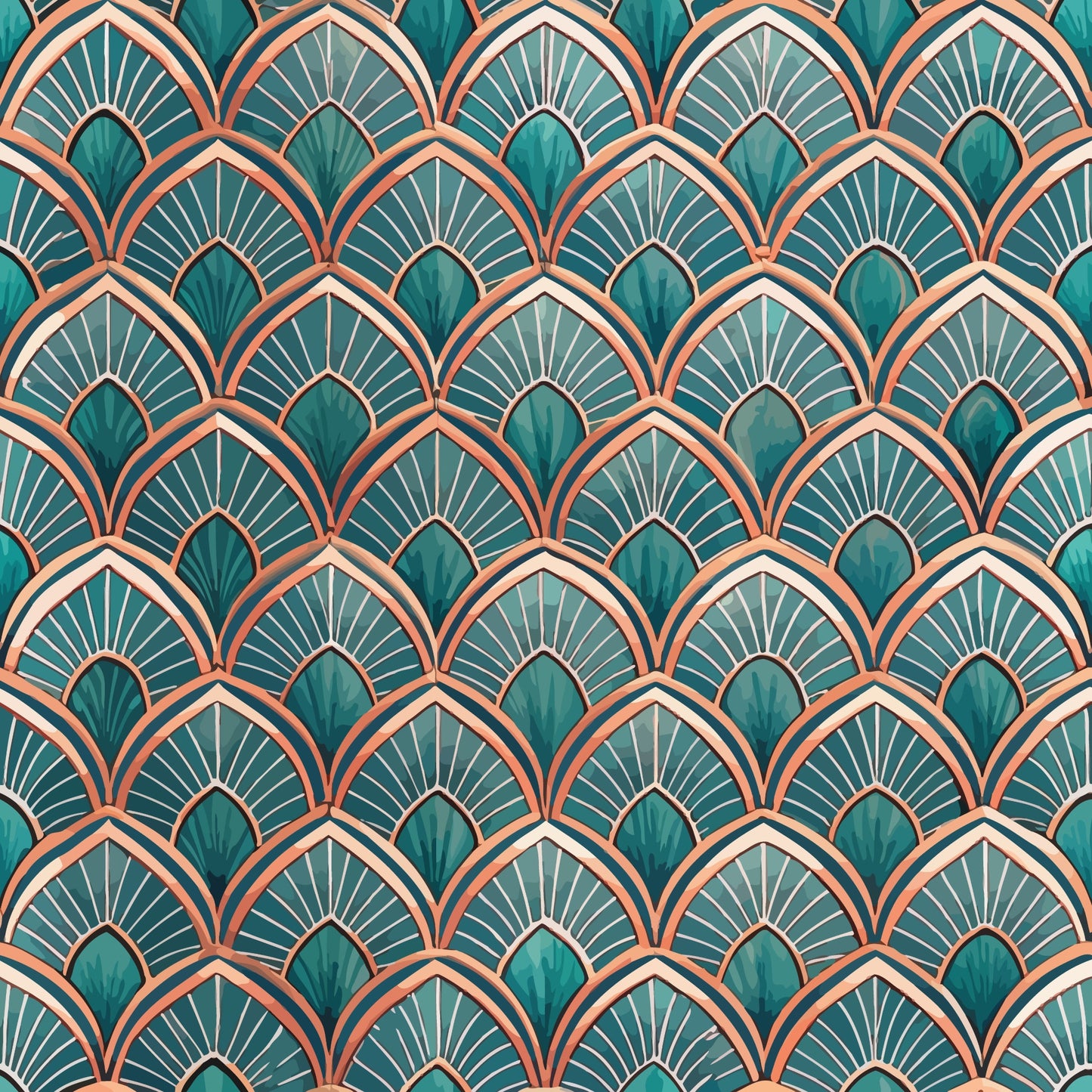 art deco, geometric pattern, fan motifs, scalloped design, teal green, coral orange, peach pink, cream white, repeating pattern, vintage style, ornamental design, quilting cotton, fabric panel, decorative motifs, stylized fans, peacock feathers, sunburst pattern, elegant curves, retro aesthetic