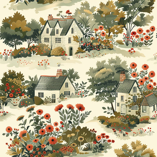 cottagecore, quilting cotton, fabric panel, cream background, sage green, coral orange, autumn colors, cottage houses, wildflowers, botanical illustration, countryside scene, vintage style, floral motifs, trees, gardens, pastoral design, whimsical artwork, nature pattern, rustic charm