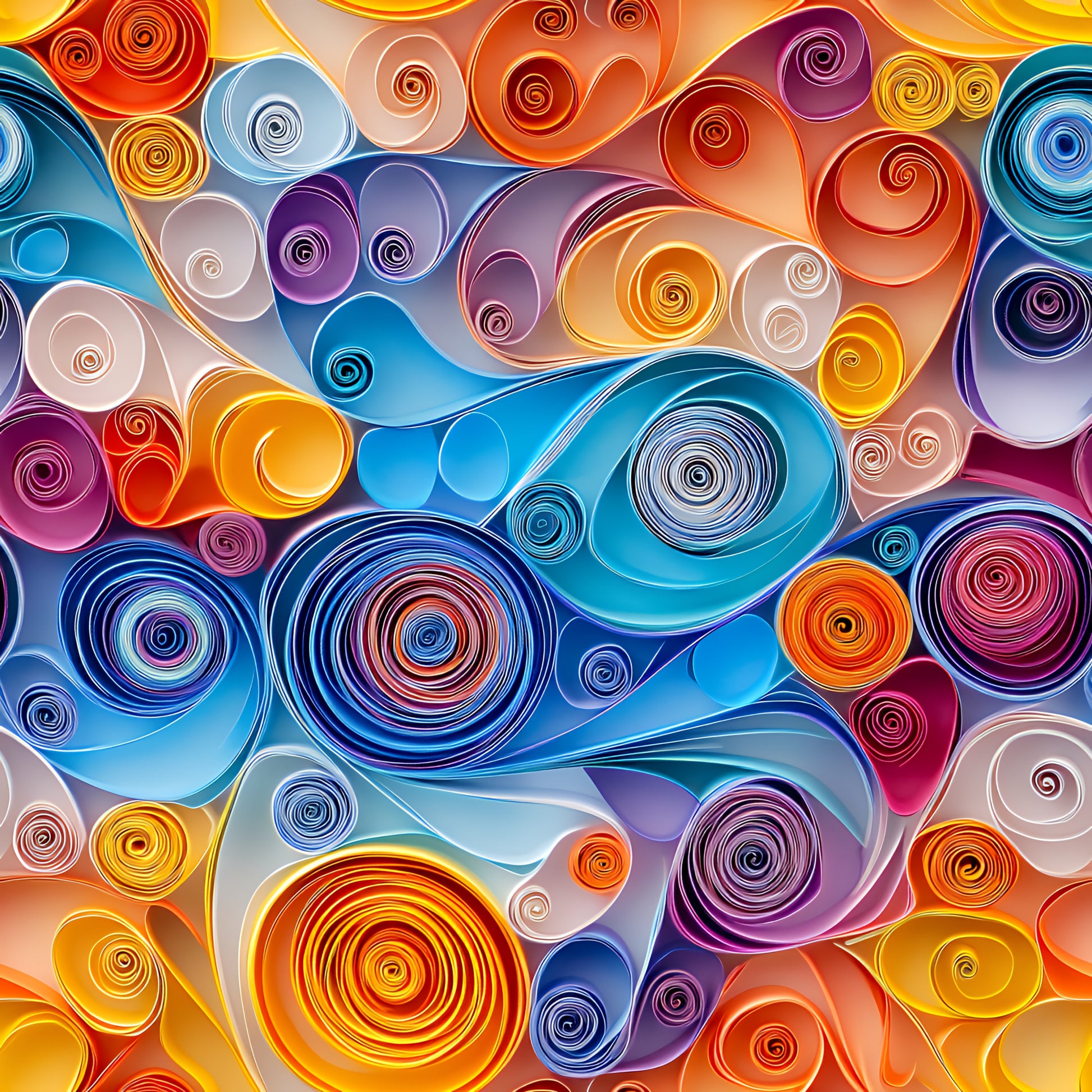 abstract art, paper quilling, swirls, spirals, circular patterns, orange, blue, purple, yellow, pink, teal, vibrant colors, rolled paper, coiled shapes, contemporary design, modern art, geometric circles, quilting cotton, fabric panel, colorful swirls, artistic pattern, dimensional look, craft-inspired
