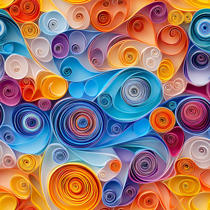 abstract art, paper quilling, swirls, spirals, circular patterns, orange, blue, purple, yellow, pink, teal, vibrant colors, rolled paper, coiled shapes, contemporary design, modern art, geometric circles, quilting cotton, fabric panel, colorful swirls, artistic pattern, dimensional look, craft-inspired
