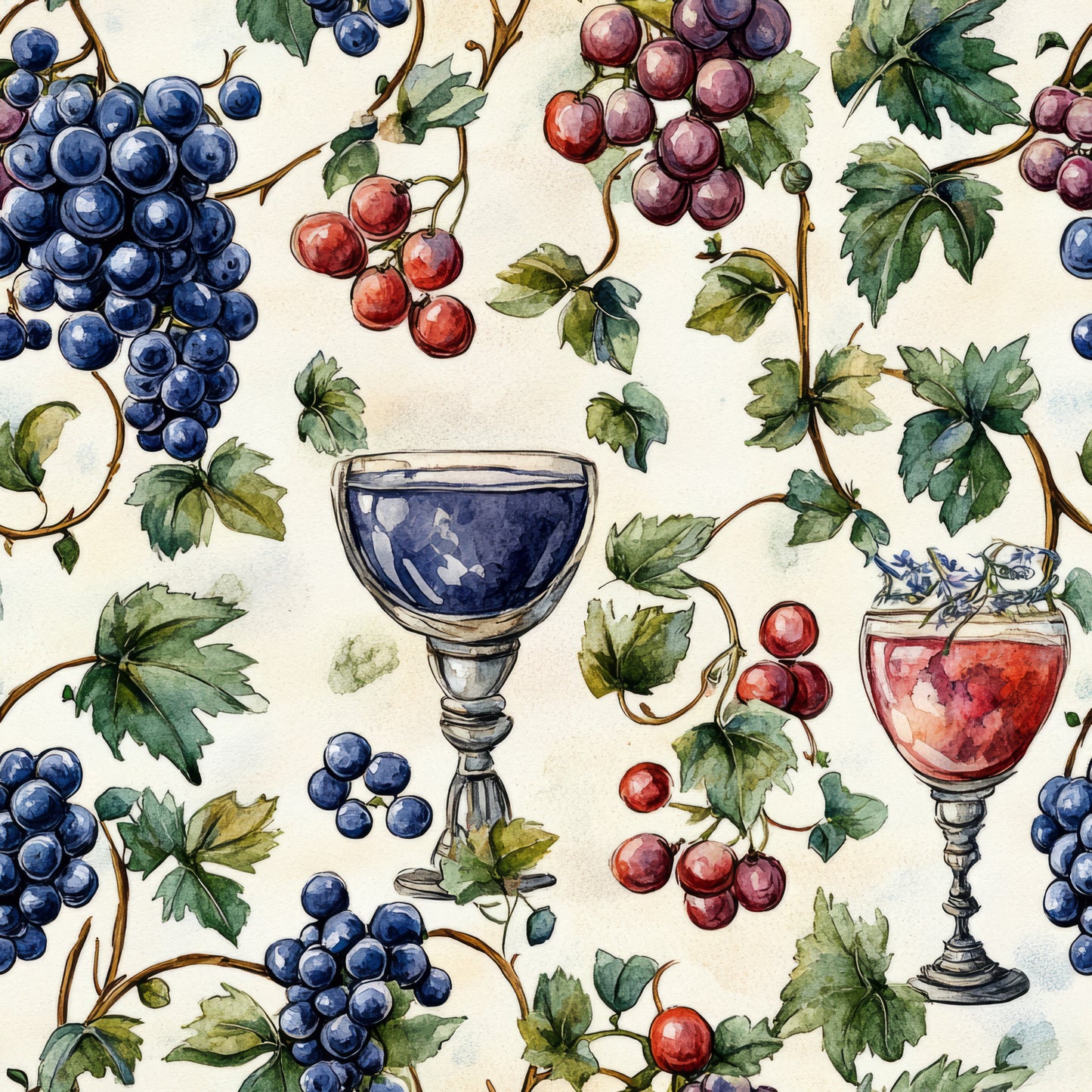 navy blue, burgundy, deep red, green leaves, grape clusters, wine glasses, vineyard theme, botanical pattern, watercolor style, quilting cotton, fabric panel, wine country, grapevines, stemware, fruit motifs, cream background, vintner theme, wine harvest, artistic illustration, repeating pattern
