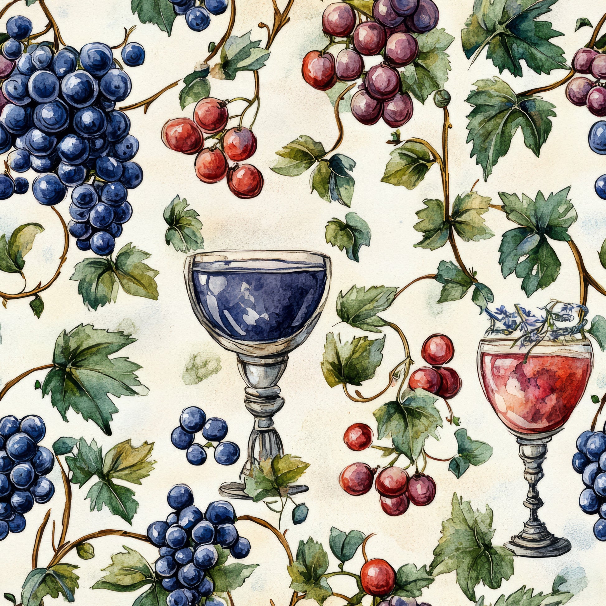 navy blue, burgundy, deep red, green leaves, grape clusters, wine glasses, vineyard theme, botanical pattern, watercolor style, quilting cotton, fabric panel, wine country, grapevines, stemware, fruit motifs, cream background, vintner theme, wine harvest, artistic illustration, repeating pattern