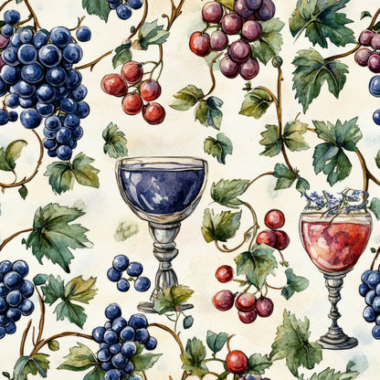 navy blue, burgundy, deep red, green leaves, grape clusters, wine glasses, vineyard theme, botanical pattern, watercolor style, quilting cotton, fabric panel, wine country, grapevines, stemware, fruit motifs, cream background, vintner theme, wine harvest, artistic illustration, repeating pattern