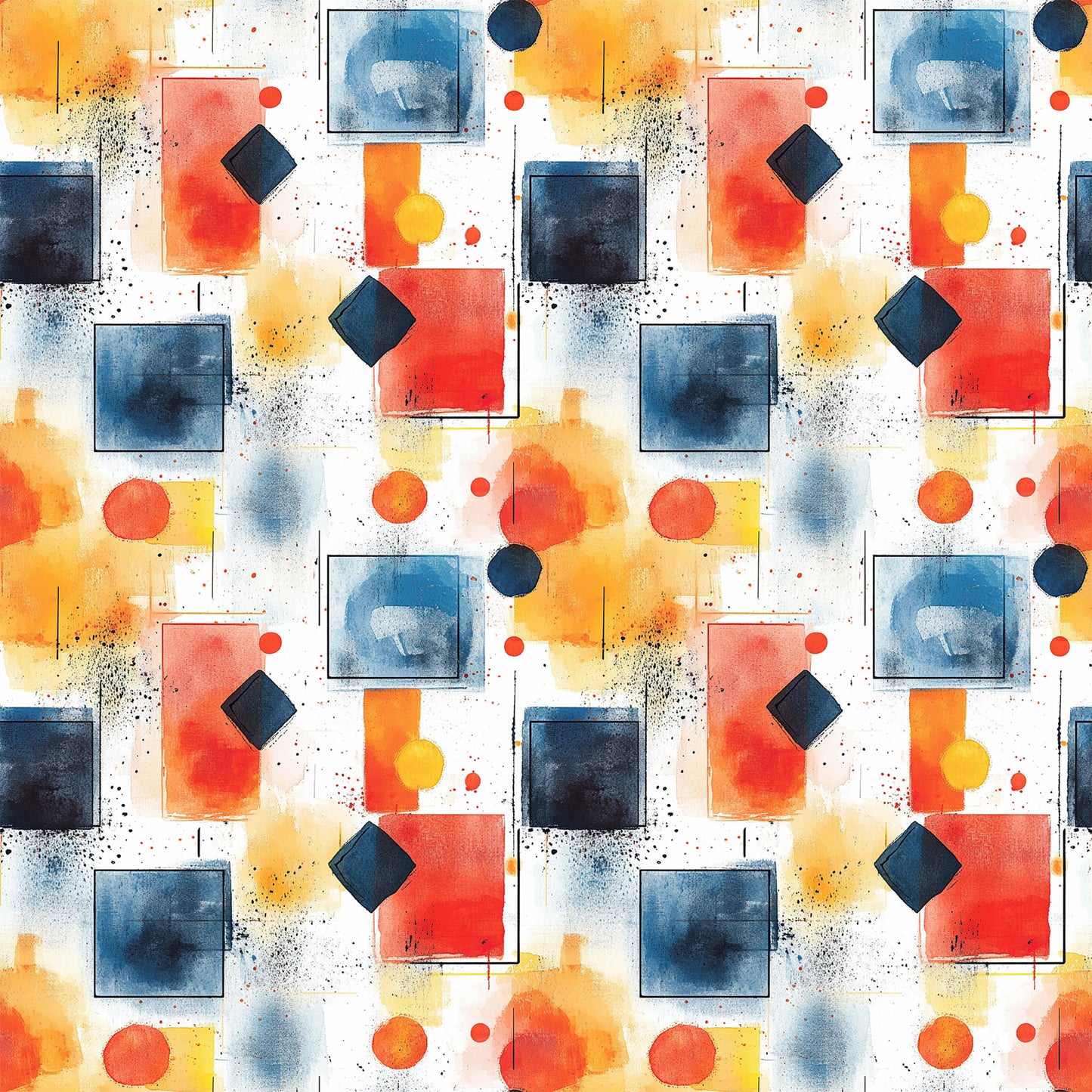 watercolor, geometric shapes, mid century modern, abstract art, orange, blue, navy, coral, yellow, white, squares, circles, diamonds, contemporary design, quilting cotton, fabric panel, artistic pattern, splatter effects, modern aesthetic, vibrant colors