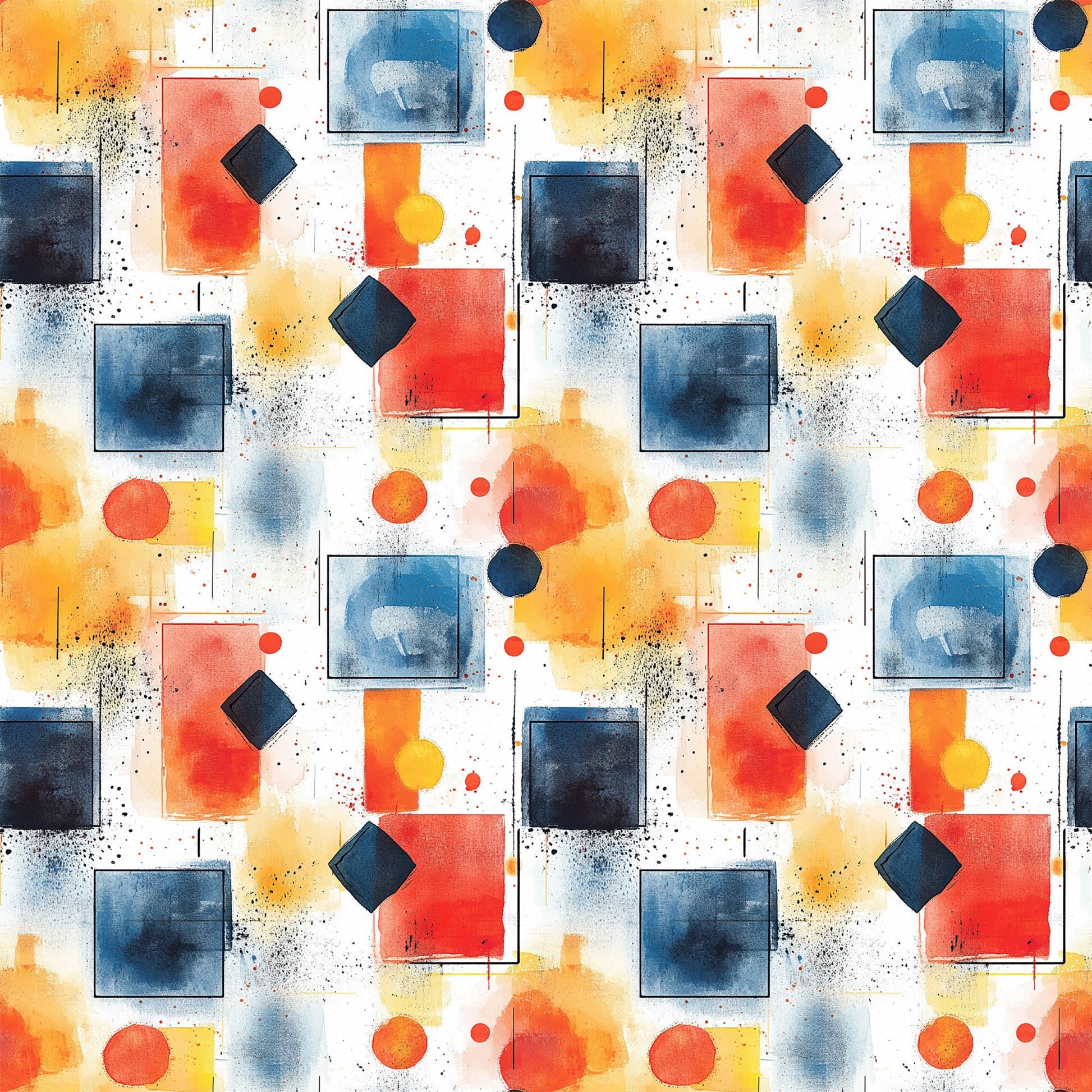 watercolor, geometric shapes, mid century modern, abstract art, orange, blue, navy, coral, yellow, white, squares, circles, diamonds, contemporary design, quilting cotton, fabric panel, artistic pattern, splatter effects, modern aesthetic, vibrant colors
