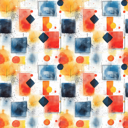 watercolor, geometric shapes, mid century modern, abstract art, orange, blue, navy, coral, yellow, white, squares, circles, diamonds, contemporary design, quilting cotton, fabric panel, artistic pattern, splatter effects, modern aesthetic, vibrant colors