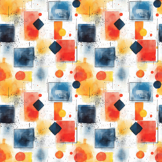 watercolor, geometric shapes, mid century modern, abstract art, orange, blue, navy, coral, yellow, white, squares, circles, diamonds, contemporary design, quilting cotton, fabric panel, artistic pattern, splatter effects, modern aesthetic, vibrant colors