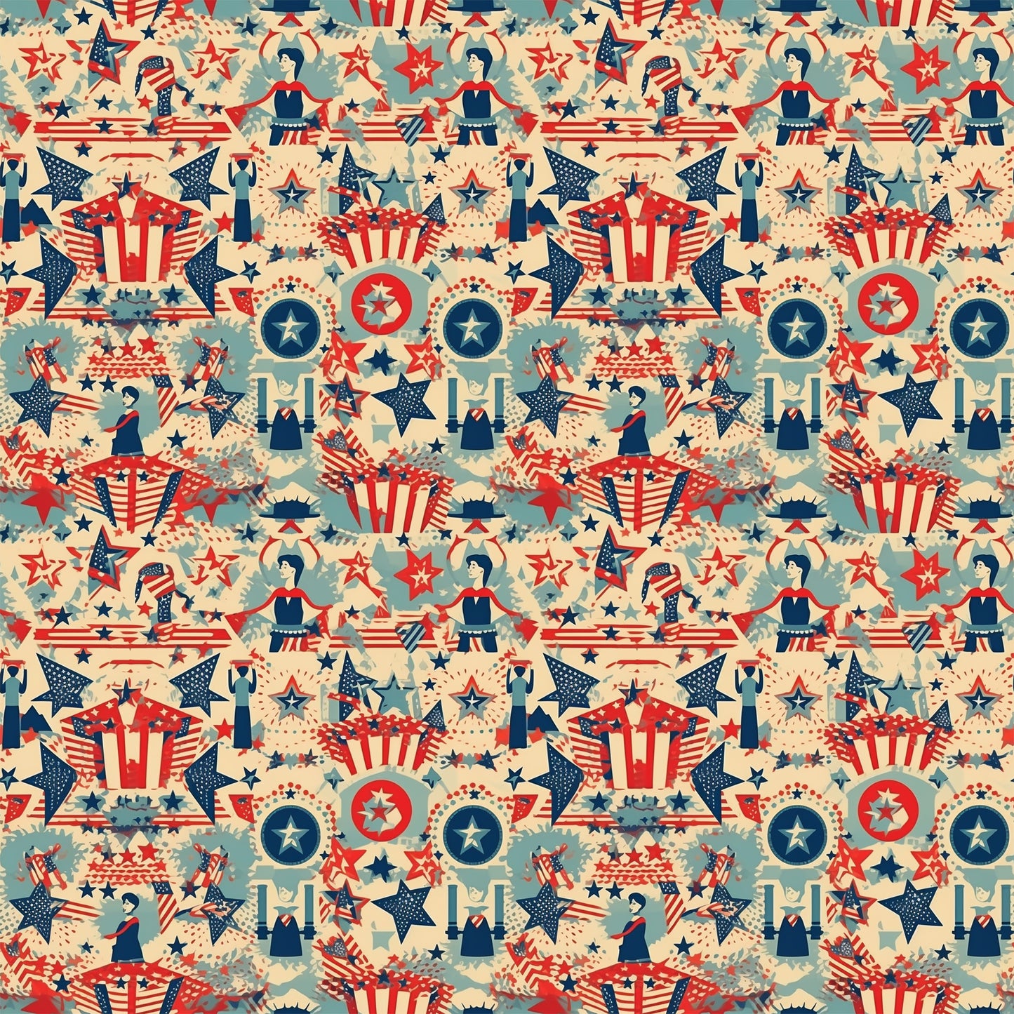 red white blue, patriotic motifs, vintage americana, stars and stripes, uncle sam hats, fireworks bursts, circular medallions, geometric stars, retro illustration style, repeating pattern, quilting cotton, fabric panel, fourth of july theme, nostalgic design, americana symbols, decorative elements, vintage color palette, seamless repeat, patriotic characters, festive imagery