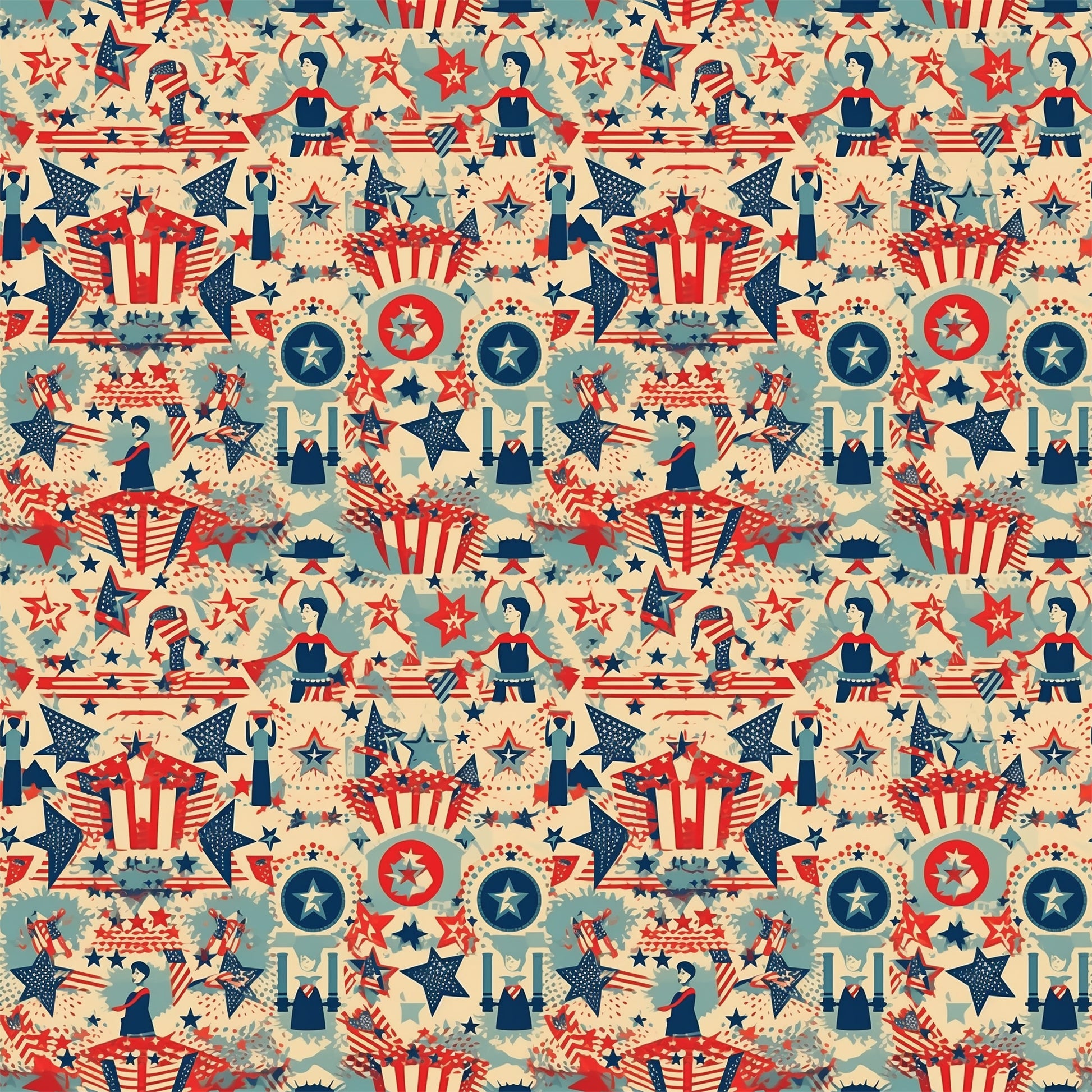 red white blue, patriotic motifs, vintage americana, stars and stripes, uncle sam hats, fireworks bursts, circular medallions, geometric stars, retro illustration style, repeating pattern, quilting cotton, fabric panel, fourth of july theme, nostalgic design, americana symbols, decorative elements, vintage color palette, seamless repeat, patriotic characters, festive imagery