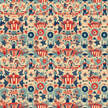 red white blue, patriotic motifs, vintage americana, stars and stripes, uncle sam hats, fireworks bursts, circular medallions, geometric stars, retro illustration style, repeating pattern, quilting cotton, fabric panel, fourth of july theme, nostalgic design, americana symbols, decorative elements, vintage color palette, seamless repeat, patriotic characters, festive imagery