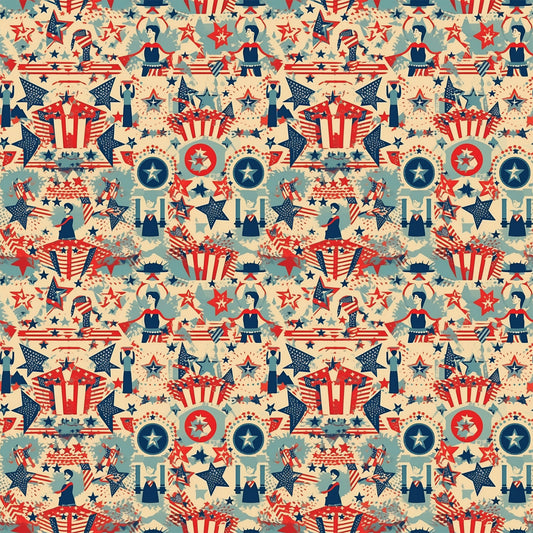 red white blue, patriotic motifs, vintage americana, stars and stripes, uncle sam hats, fireworks bursts, circular medallions, geometric stars, retro illustration style, repeating pattern, quilting cotton, fabric panel, fourth of july theme, nostalgic design, americana symbols, decorative elements, vintage color palette, seamless repeat, patriotic characters, festive imagery