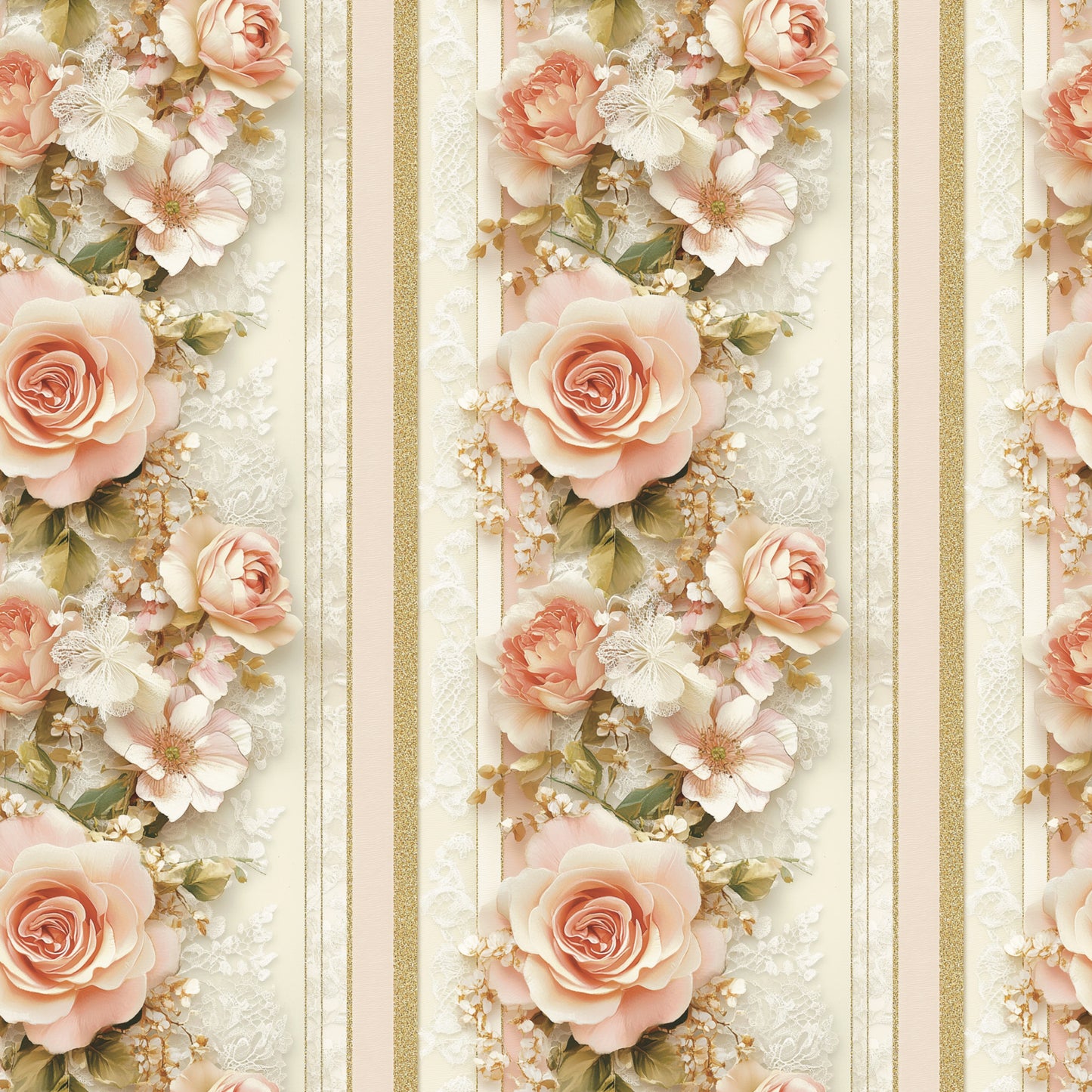 blush pink, coral, gold, cream, ivory, floral stripes, roses, butterflies, baby's breath, vertical stripes, romantic florals, soft pastels, quilting cotton, fabric panel, delicate flowers, feminine design, spring blooms, elegant pattern, cottage core, vintage inspired