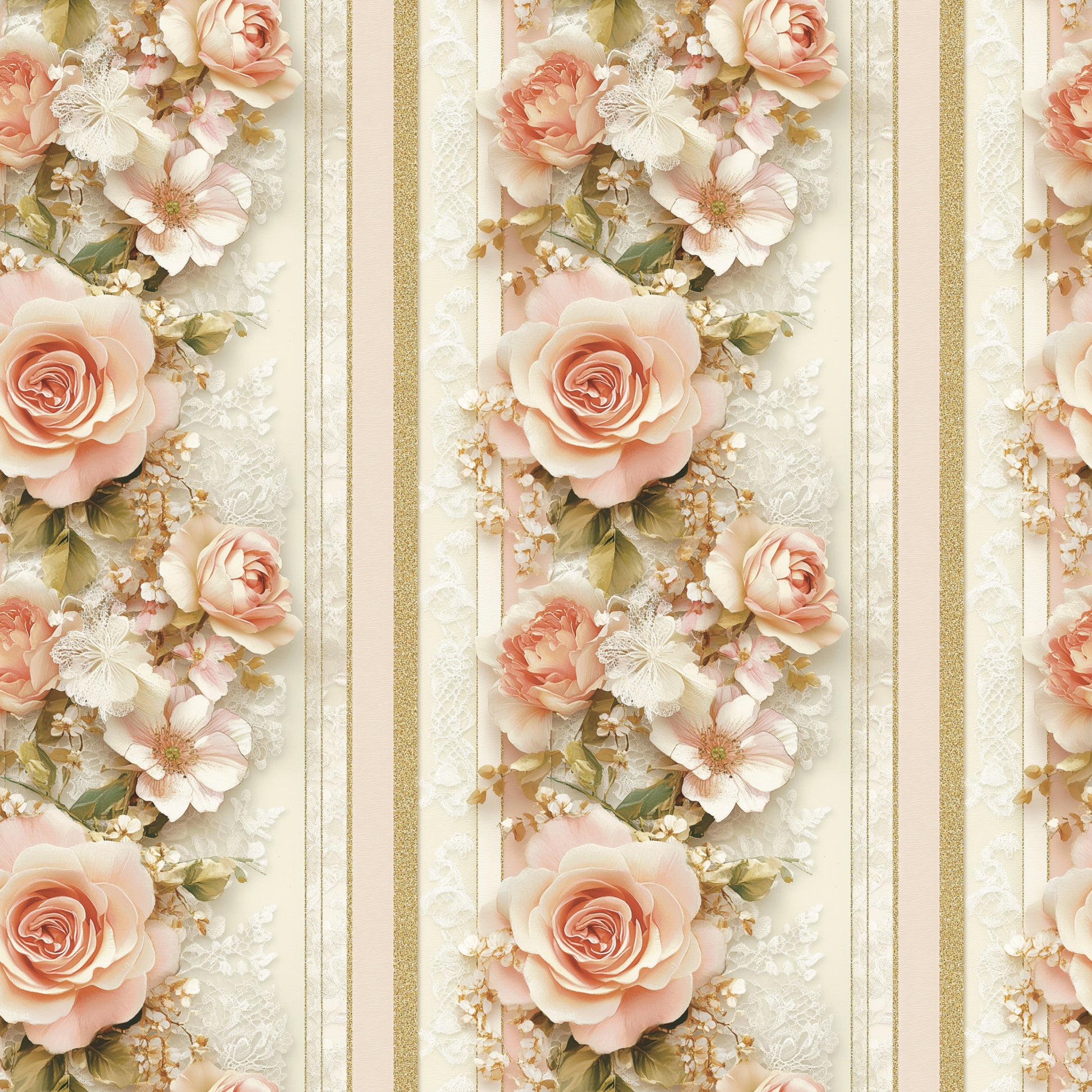 blush pink, coral, gold, cream, ivory, floral stripes, roses, butterflies, baby's breath, vertical stripes, romantic florals, soft pastels, quilting cotton, fabric panel, delicate flowers, feminine design, spring blooms, elegant pattern, cottage core, vintage inspired
