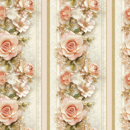 blush pink, coral, gold, cream, ivory, floral stripes, roses, butterflies, baby's breath, vertical stripes, romantic florals, soft pastels, quilting cotton, fabric panel, delicate flowers, feminine design, spring blooms, elegant pattern, cottage core, vintage inspired