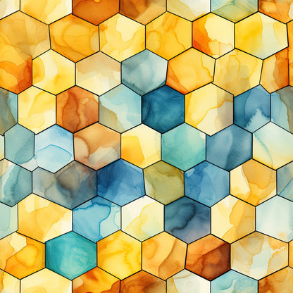 watercolor, honeycomb pattern, hexagonal shapes, geometric design, orange, yellow, blue, teal, amber, golden hues, aqua, navy blue, abstract art, flowing colors, bee-inspired, nature motif, quilting cotton, fabric panel, soft watercolor wash, organic shapes