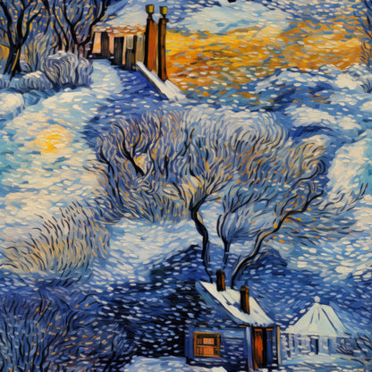 winter landscape, snow scene, cottage houses, bare trees, swirling brushstrokes, blue tones, orange accents, white snow, purple shadows, dawn sky, post-impressionist style, quilting cotton, fabric panel, winter village, snowy path, chimneys, artistic swirls, cold weather, seasonal fabric