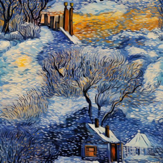 winter landscape, snow scene, cottage houses, bare trees, swirling brushstrokes, blue tones, orange accents, white snow, purple shadows, dawn sky, post-impressionist style, quilting cotton, fabric panel, winter village, snowy path, chimneys, artistic swirls, cold weather, seasonal fabric