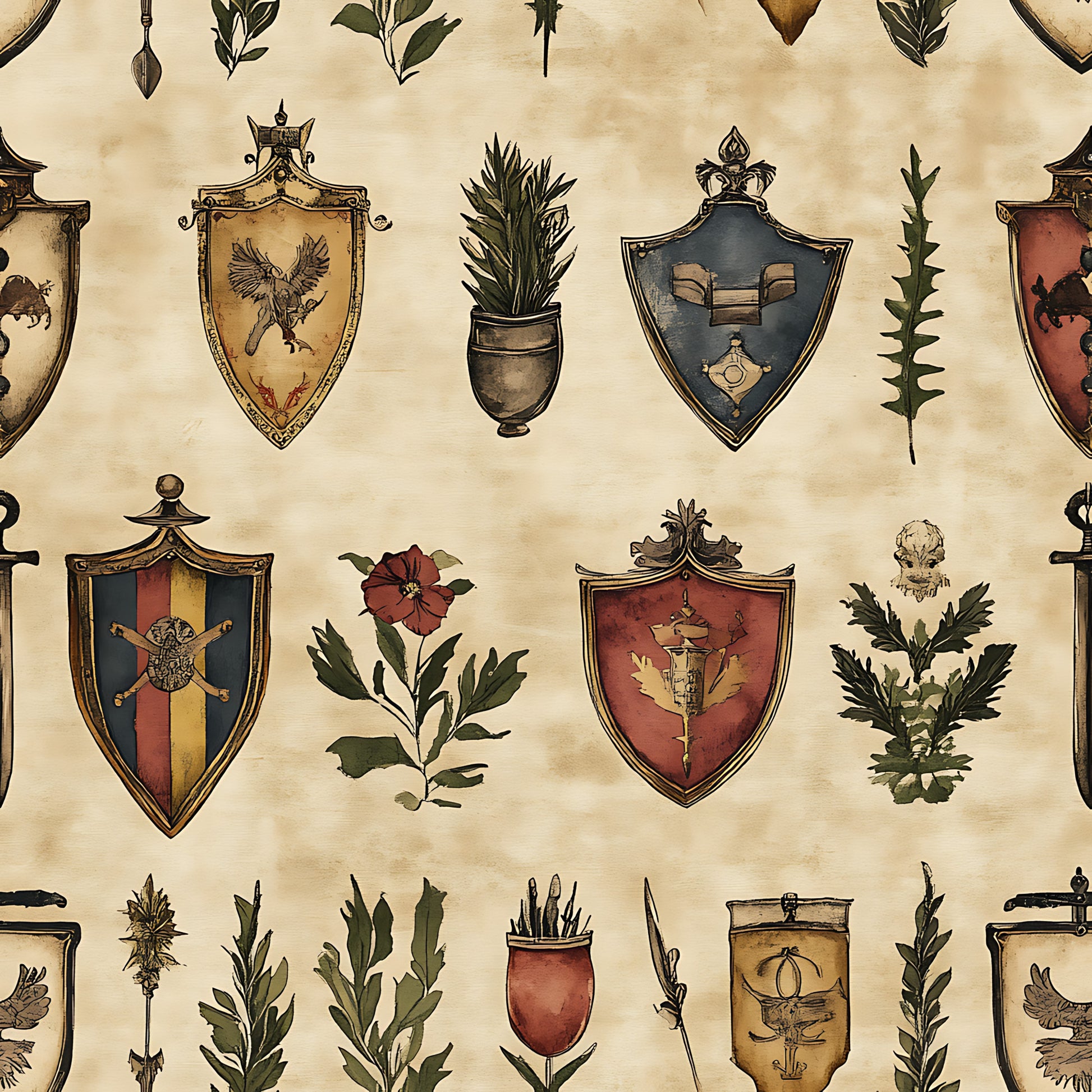 rustic shields, medieval banners, heraldic crests, botanical elements, eagles, griffins, potted plants, leafy sprigs, parchment background, earth tones, burgundy, forest green, golden yellow, antiqued finish, german inspired, coat of arms, quilting cotton, fabric panel, vintage style, decorative motifs