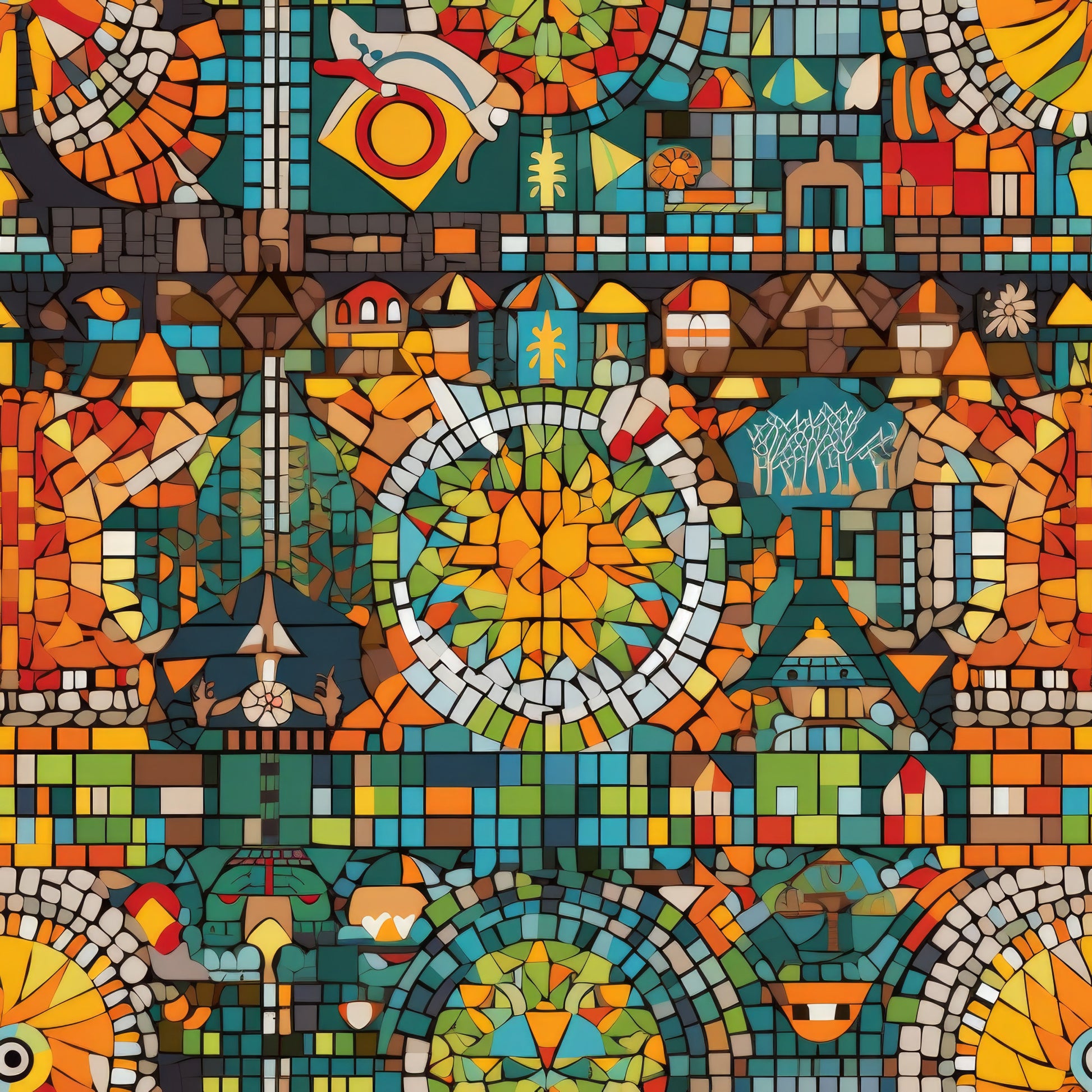 mosaic art, stained glass, geometric patterns, orange, teal, red, yellow, green, brown, circular motifs, abstract designs, kaleidoscope, colorful tiles, intricate details, quilting cotton, fabric panel, artistic style, vibrant colors, segmented shapes, decorative elements