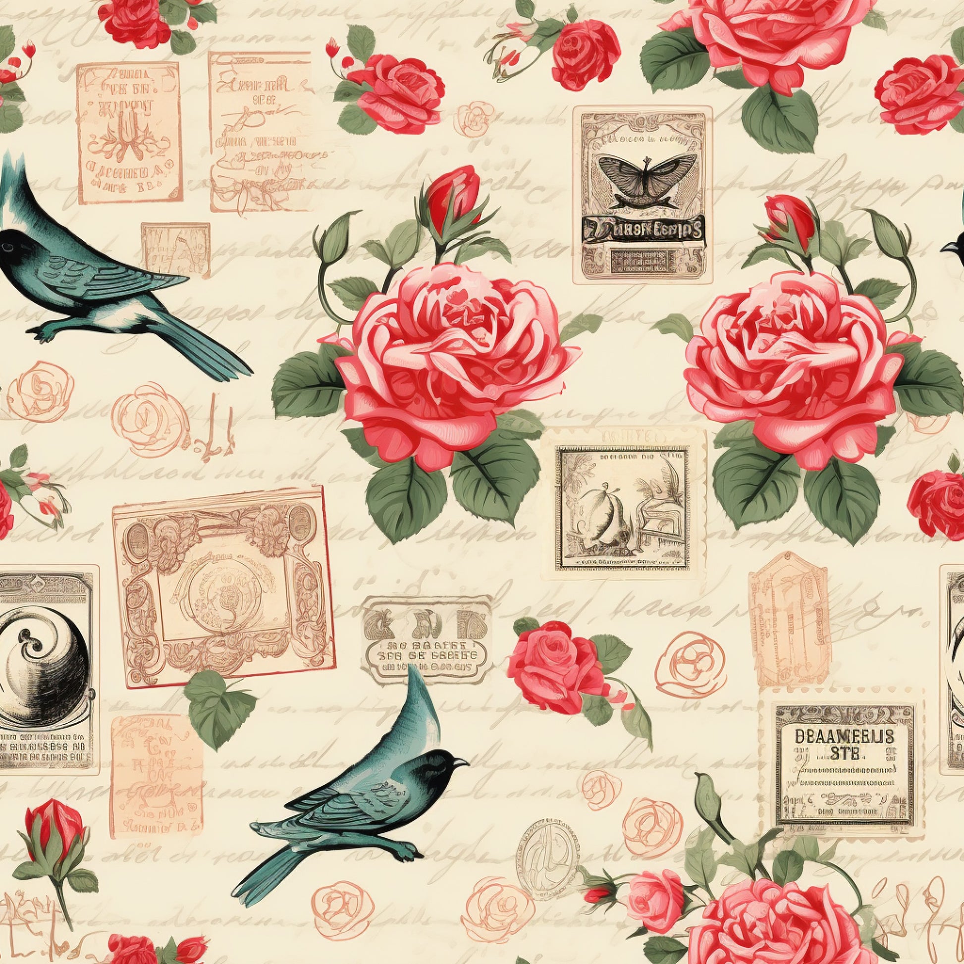 vintage stamps, pink roses, coral flowers, teal birds, cream background, handwritten script, postal theme, quilting cotton, fabric panel, romantic floral, antique ephemera, butterfly motifs, green leaves, rose buds, victorian style, shabby chic, botanical elements, letter writing, nostalgic pattern, soft pastels