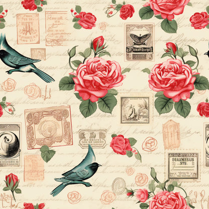 vintage stamps, pink roses, coral flowers, teal birds, cream background, handwritten script, postal theme, quilting cotton, fabric panel, romantic floral, antique ephemera, butterfly motifs, green leaves, rose buds, victorian style, shabby chic, botanical elements, letter writing, nostalgic pattern, soft pastels