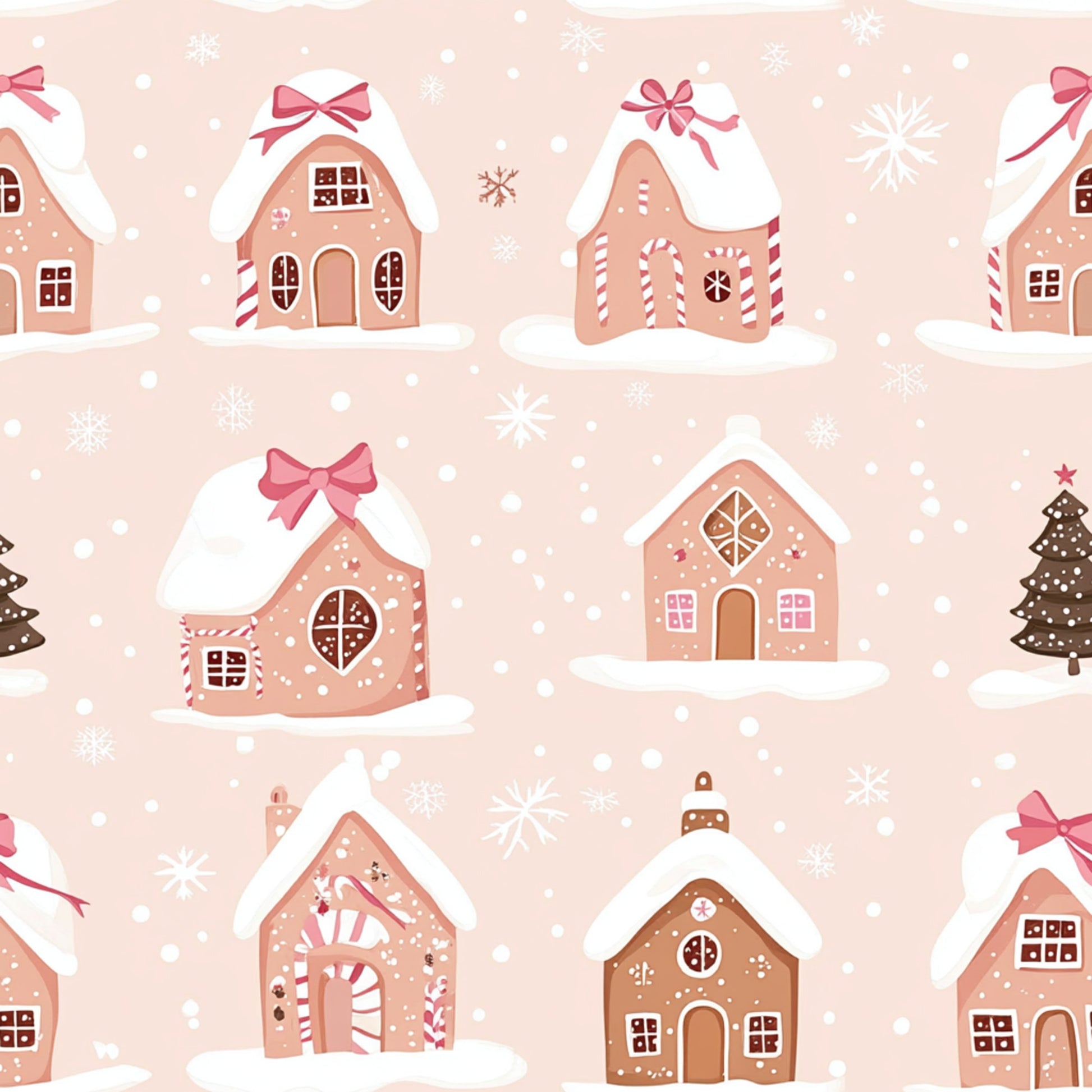 sweet pink, blush pink, coral pink, white, brown, gingerbread houses, snow covered roofs, pink bows, ribbons, candy cane stripes, snowflakes, christmas trees, winter village, snowing, whimsical illustration, cute cottage design, quilting cotton, fabric panel, holiday pattern, festive theme