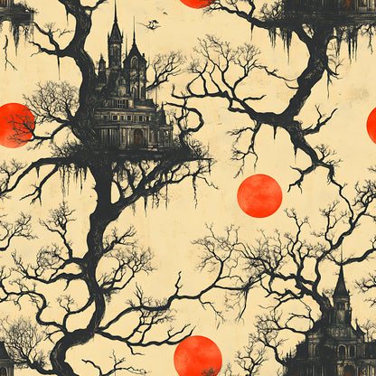 blood moon, gothic castle, bare trees, orange red circles, cream background, spooky mansion, leafless branches, haunted house, gothic architecture, eerie atmosphere, halloween theme, horror mood, silhouette design, vintage illustration, quilting cotton, fabric panel, dark branches, twisted trees, macabre style, supernatural scene