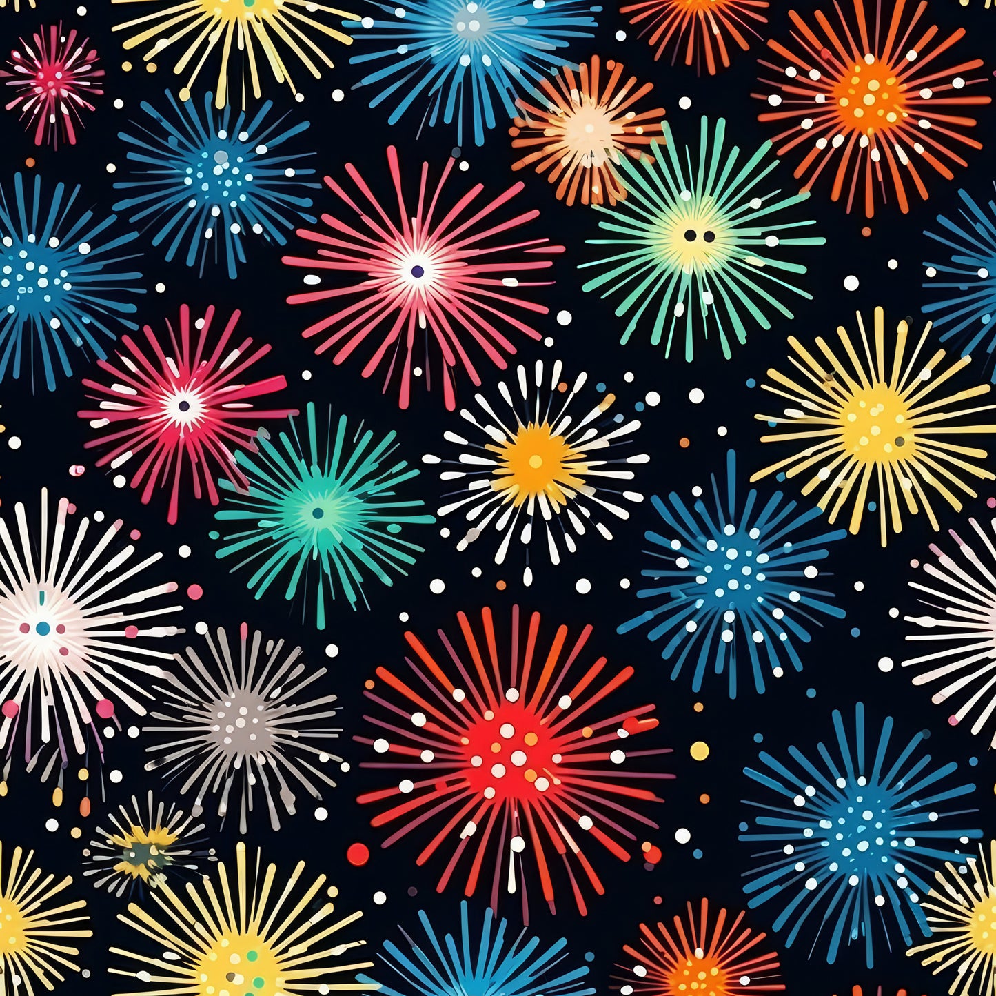 fireworks pattern, night sky, celebration, colorful bursts, red fireworks, blue fireworks, yellow fireworks, pink fireworks, green fireworks, white fireworks, orange fireworks, starburst design, radiating lines, festive pattern, black background, scattered dots, explosive motifs, quilting cotton, fabric panel, party theme, bright colors, geometric bursts
