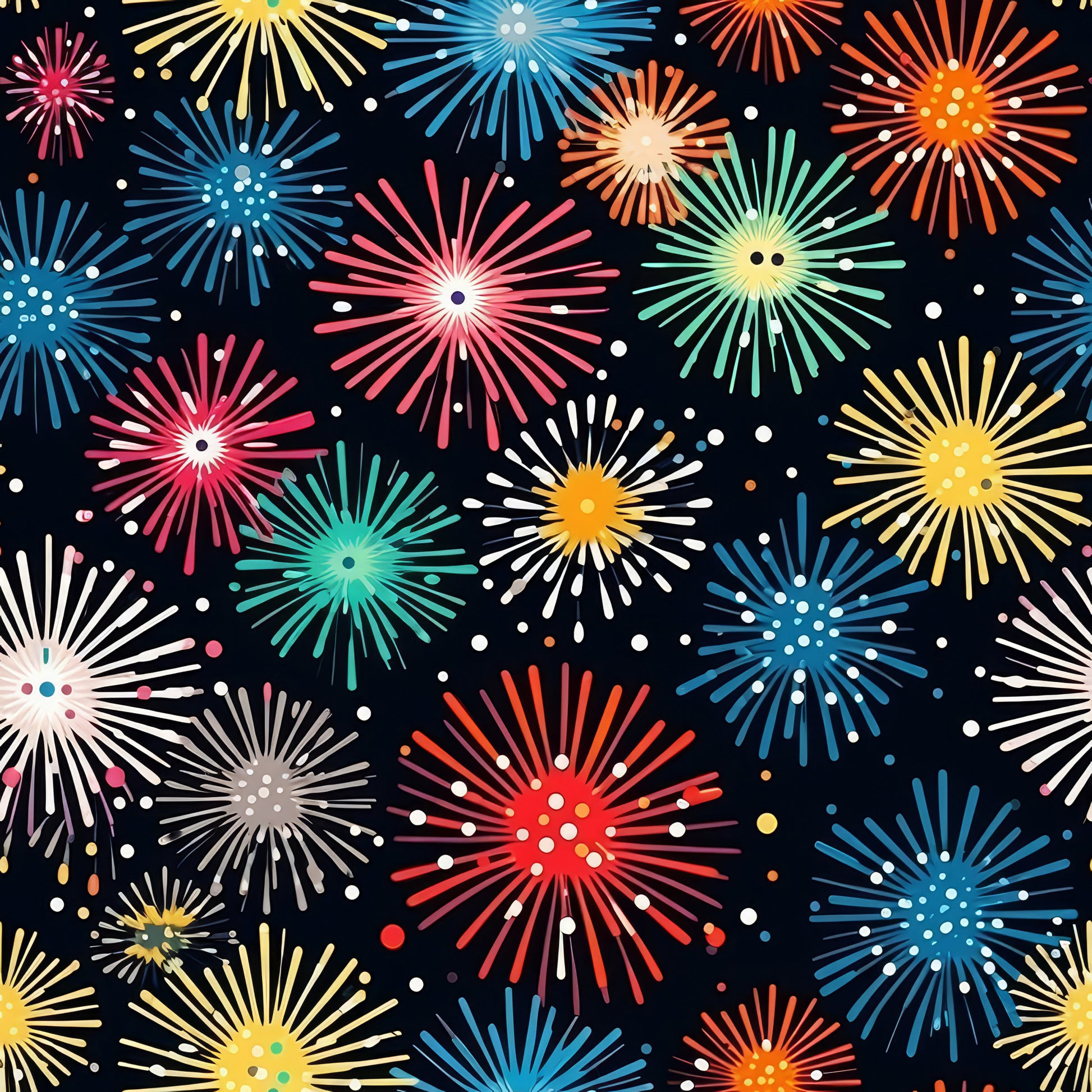 fireworks pattern, night sky, celebration, colorful bursts, red fireworks, blue fireworks, yellow fireworks, pink fireworks, green fireworks, white fireworks, orange fireworks, starburst design, radiating lines, festive pattern, black background, scattered dots, explosive motifs, quilting cotton, fabric panel, party theme, bright colors, geometric bursts
