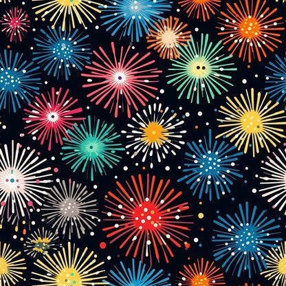fireworks pattern, night sky, celebration, colorful bursts, red fireworks, blue fireworks, yellow fireworks, pink fireworks, green fireworks, white fireworks, orange fireworks, starburst design, radiating lines, festive pattern, black background, scattered dots, explosive motifs, quilting cotton, fabric panel, party theme, bright colors, geometric bursts