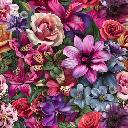 realistic flowers, floral pattern, roses, lilies, daisies, purple blooms, pink petals, magenta flowers, coral roses, blue blossoms, botanical design, garden flowers, quilting cotton, fabric panel, vibrant colors, detailed illustration, mixed florals, nature motif, crafting material, sewing fabric
