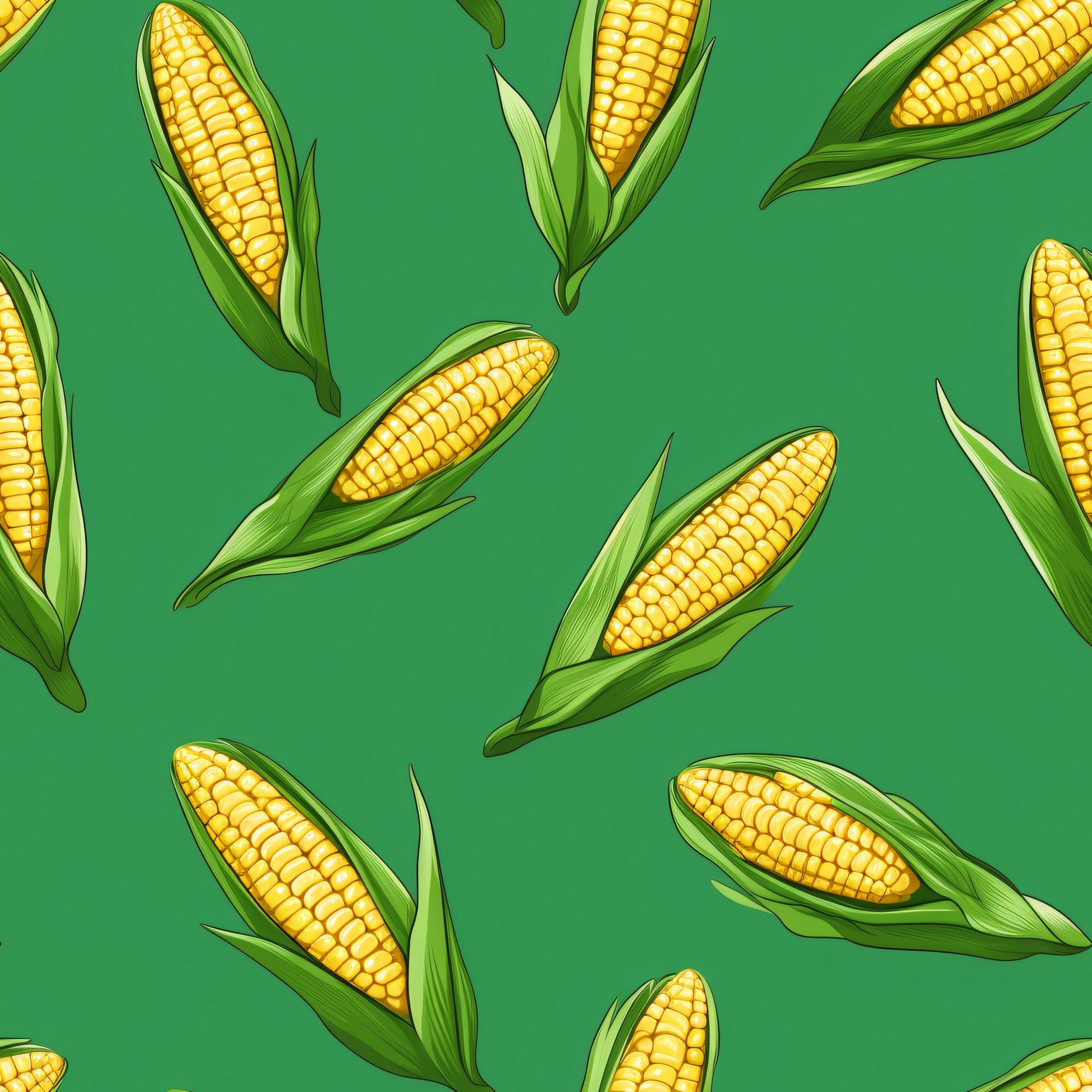 green background, yellow corn, golden kernels, corn cobs, green husks, vegetable pattern, farm produce, harvest theme, quilting cotton, fabric panel, botanical design, food illustration, summer vegetables, agricultural motif, repeating pattern, bright colors, corn stalks, garden vegetables, farming theme, natural elements