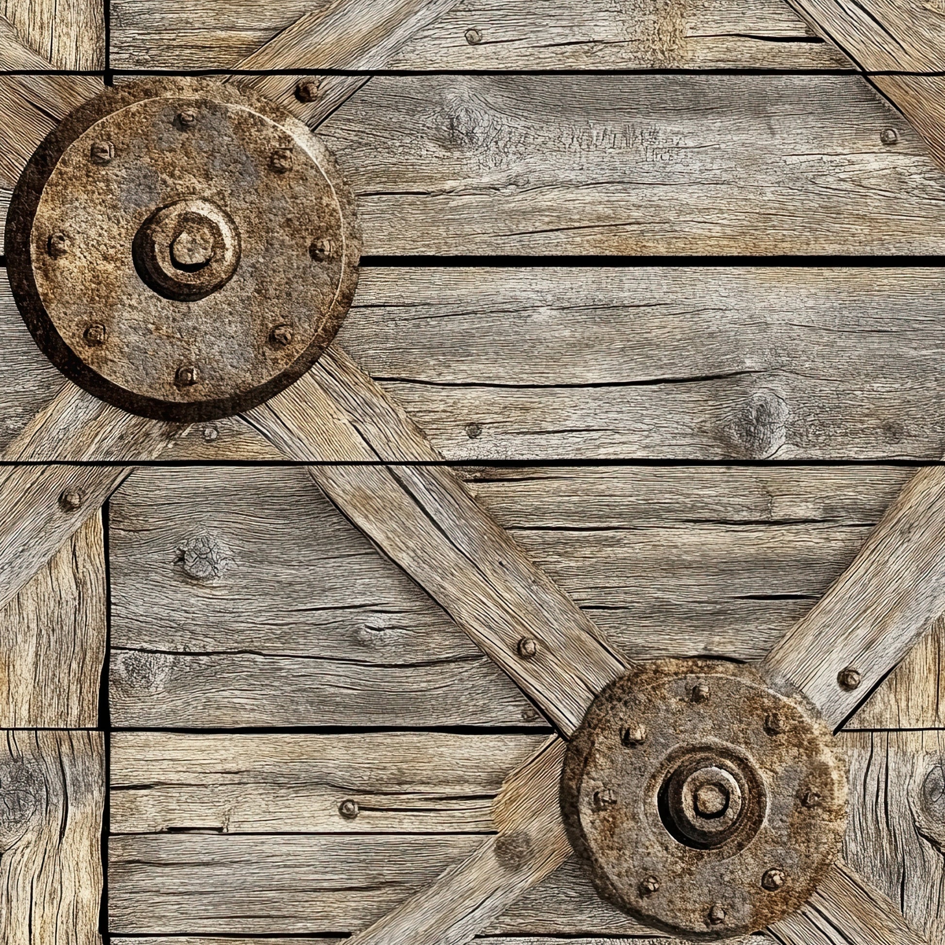 rustic wood, weathered planks, circular medallions, brown tones, beige shades, gray wood grain, western theme, barn door style, metal hardware, aged texture, quilting cotton, fabric panel, country motif, distressed finish, wooden boards, cross bracing, farmhouse aesthetic, vintage appearance, natural colors