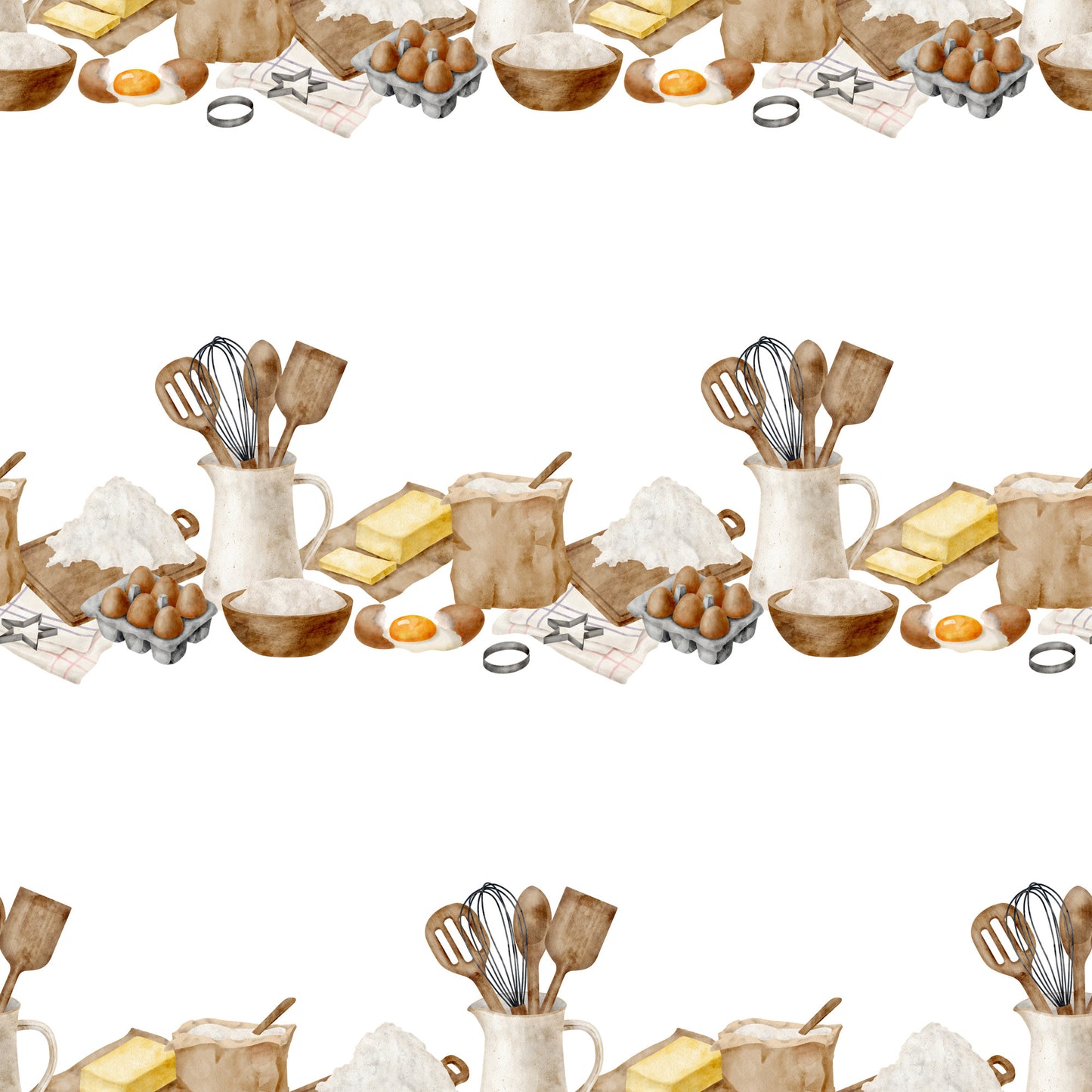 watercolor baking, kitchen utensils, cooking ingredients, eggs, flour, butter, whisk, spatula, mixing bowl, brown tones, cream colors, beige palette, baking theme, culinary pattern, quilting cotton, fabric panel, cooking motif, kitchen design, soft watercolors, repeating pattern