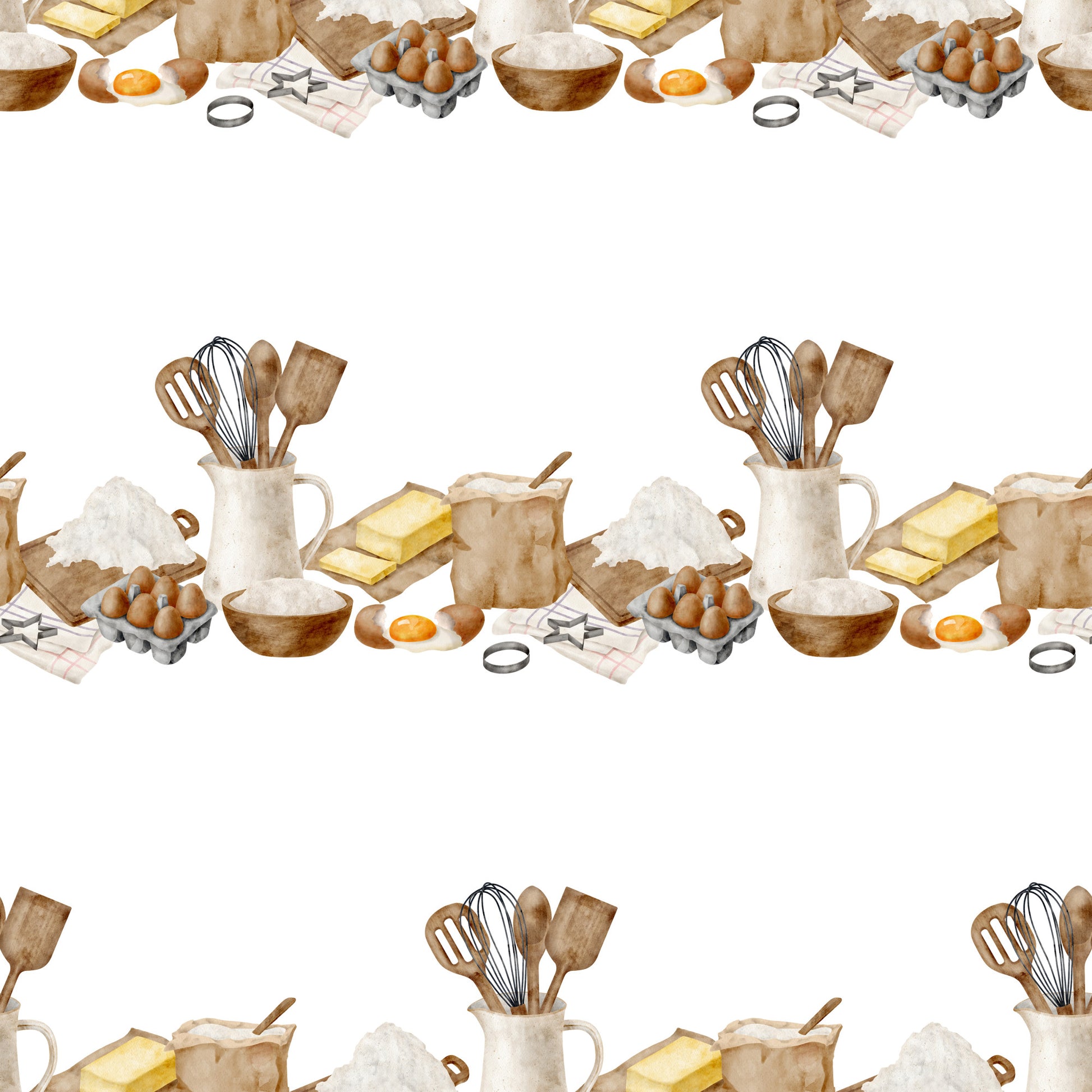 watercolor baking, kitchen utensils, cooking ingredients, eggs, flour, butter, whisk, spatula, mixing bowl, brown tones, cream colors, beige palette, baking theme, culinary pattern, quilting cotton, fabric panel, cooking motif, kitchen design, soft watercolors, repeating pattern
