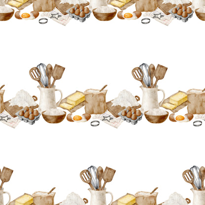 watercolor baking, kitchen utensils, cooking ingredients, eggs, flour, butter, whisk, spatula, mixing bowl, brown tones, cream colors, beige palette, baking theme, culinary pattern, quilting cotton, fabric panel, cooking motif, kitchen design, soft watercolors, repeating pattern