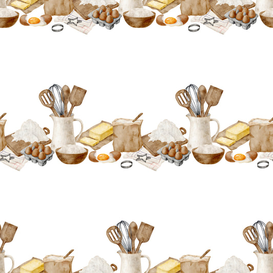 watercolor baking, kitchen utensils, cooking ingredients, eggs, flour, butter, whisk, spatula, mixing bowl, brown tones, cream colors, beige palette, baking theme, culinary pattern, quilting cotton, fabric panel, cooking motif, kitchen design, soft watercolors, repeating pattern