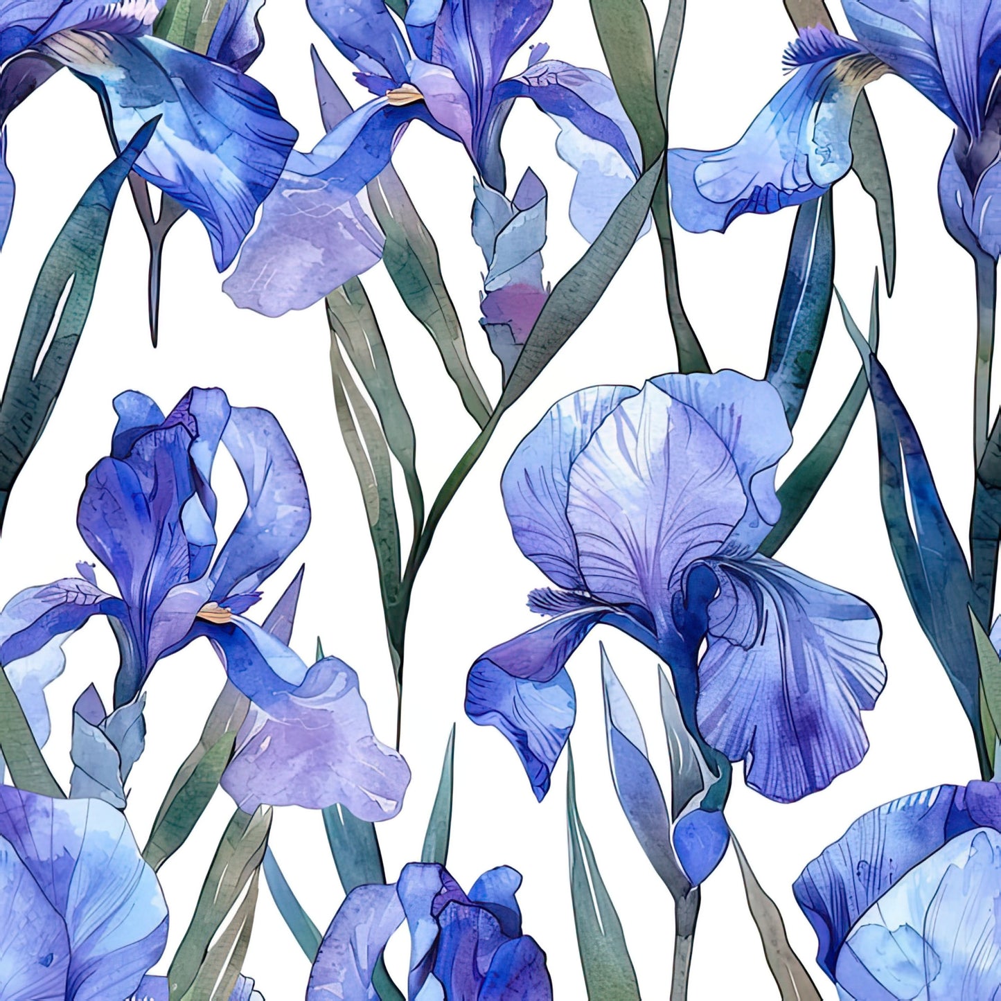 iris flowers, purple blooms, blue petals, lavender shades, floral pattern, botanical design, watercolor style, green leaves, stems, quilting cotton, fabric panel, spring flowers, garden theme, repeating pattern, soft pastels, artistic florals, nature motif, blooming irises