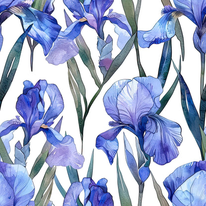 iris flowers, purple blooms, blue petals, lavender shades, floral pattern, botanical design, watercolor style, green leaves, stems, quilting cotton, fabric panel, spring flowers, garden theme, repeating pattern, soft pastels, artistic florals, nature motif, blooming irises