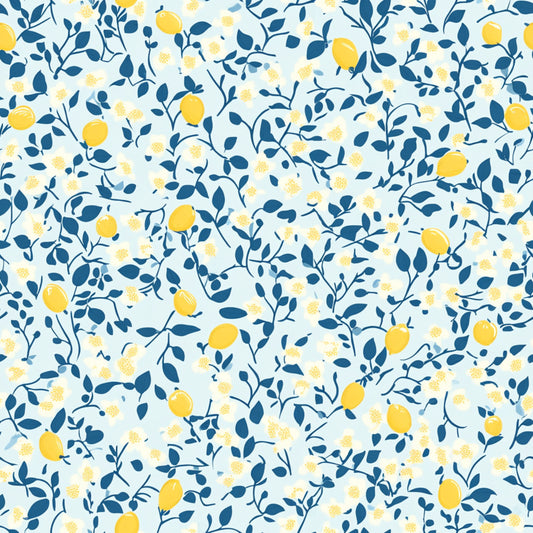 yellow lemons, blue leaves, white background, floral pattern, botanical design, shabby chic, vintage style, quilting cotton, fabric panel, citrus fruits, delicate branches, soft pastels, romantic mood, cottage core, nature motifs, scattered florals, whimsical design, crafting material